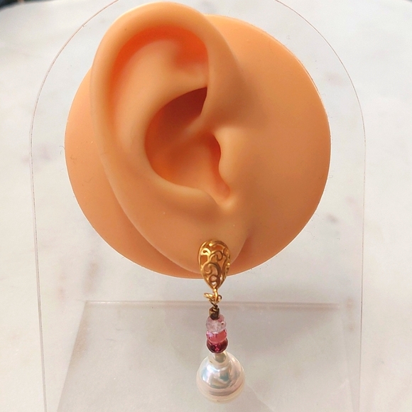 Cultured pearl and Tourmaline Earrings - Picture 2 of 2